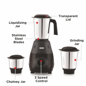 BOSS B274 Bravo 500W Mixer Grinder with Powerful Motor, 3 Stainless Steel Jars, 2 years warranty On Motor - Image 3