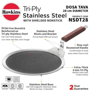 Hawkins Triply Stainless Steel Shielded Nonstick Dosa Tawa 28 cm (NSDT28) – Honeycomb Nonstick, Induction & Gas Compatible - Image 4