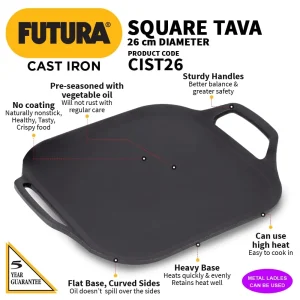 Hawkins Futura Cast Iron SQUARE TAVA 26 cm (CIST26) – Naturally Non-Stick, Gas & Induction Compatible, Heavy Duty Iron Tawa - Image 7