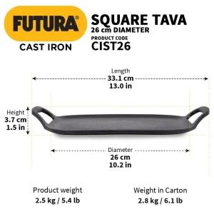 Hawkins Futura Cast Iron SQUARE TAVA 26 cm (CIST26) – Naturally Non-Stick, Gas & Induction Compatible, Heavy Duty Iron Tawa - Image 8