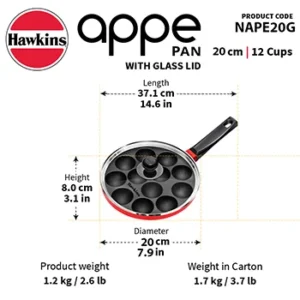 Hawkins Die-Cast Nonstick Appe Pan 20cm (NAPE20G) with Glass Lid | 12 Cups Appam / Paniyaram Pan | Gas Stove Compatible - Image 3