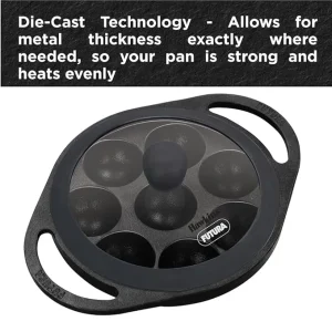 Hawkins Futura Cast Iron Appe Pan 16cm with Glass Lid | Naturally Non-Stick Paniyaram / Appam Pan | 8 Cups (CIAP16G) - Image 5
