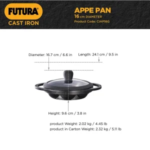 Hawkins Futura Cast Iron Appe Pan 16cm with Glass Lid | Naturally Non-Stick Paniyaram / Appam Pan | 8 Cups (CIAP16G) - Image 6