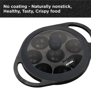 Hawkins Futura Cast Iron Appe Pan 16cm with Glass Lid | Naturally Non-Stick Paniyaram / Appam Pan | 8 Cups (CIAP16G) - Image 7