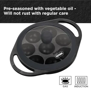 Hawkins Futura Cast Iron Appe Pan 16cm with Glass Lid | Naturally Non-Stick Paniyaram / Appam Pan | 8 Cups (CIAP16G) - Image 8