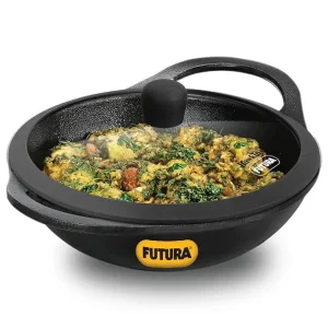Hawkins Futura Cast Iron Kadhai 2L with Glass Lid (CIK20G) | Naturally Non-Stick | Gas & Induction Compatible | 5 Year Guarantee