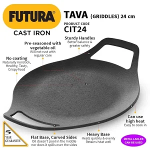 Hawkins Futura Cast Iron Tava 24 cm (CIT24) | Naturally Non-Stick Roti Tawa | Gas & Induction Compatible | 5 Year Guarantee - Image 3
