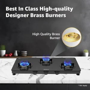 Havells Contour 3 Burner Gas Stove | 8 mm Thick Toughened Glass | 5 Year Warranty on Glass & Valves | Manual Ignition | Stylish & Durable - Image 9