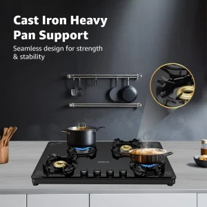 Havells Nucleus 4 Burner Slim Gas Stove | 8 mm Thick Toughened Glass | Manual Ignition | 5 Year Warranty on Glass & Valves - Image 3