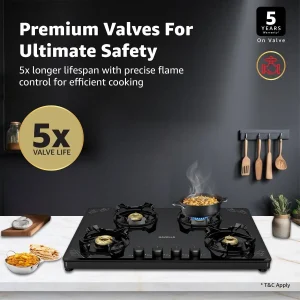 Havells Nucleus 4 Burner Slim Gas Stove | 8 mm Thick Toughened Glass | Manual Ignition | 5 Year Warranty on Glass & Valves - Image 4