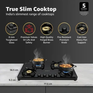 Havells Nucleus 4 Burner Slim Gas Stove | 8 mm Thick Toughened Glass | Manual Ignition | 5 Year Warranty on Glass & Valves - Image 5
