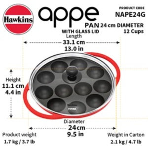Hawkins Die-Cast Nonstick Appe Pan 24 cm with Glass Lid (NAPE24G) – 12 Cups Appam/Paniyaram Pan, Gas Stove Compatible - Image 3