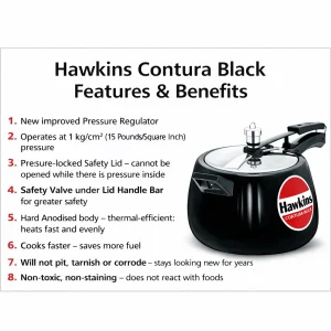 Hawkins Hard Anodised Contura Black Pressure Cooker | Inner Lid | Gas Stove Compatible | Sizes 1.5L, 2L, 3L, 5L, 6.5L - Image 3