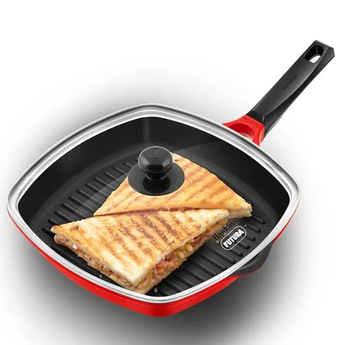 Hawkins Futura Die Cast Grill Pan 30cm with Glass Lid Nonstick Healthy Grilling Cookware
