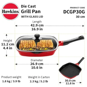 Hawkins Futura Die Cast Grill Pan 30 cm with Glass Lid (DCGP30G) – Nonstick, Healthy Grilling, Even Heating - Image 3