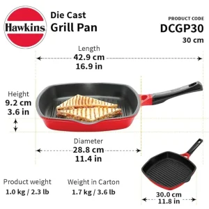 Hawkins Futura Die Cast Grill Pan 30 cm (DCGP30) – Nonstick, Healthy Grilling, Even Heating, Heavy Duty Grill Pan - Image 3