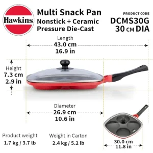 Hawkins Die Cast Multi Snack Pan 30cm with Glass Lid (DCMS30G) | Nonstick Pancake & Mini Uttapam Pan - Image 3
