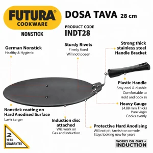 Hawkins Futura Nonstick Dosa Tava 28 cm (INDT28) – 4.88 mm Thick, Induction & Gas Compatible, Low Oil Cooking Tawa - Image 4