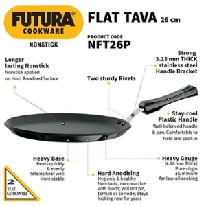 Hawkins Futura Nonstick Flat Tava 26 cm (NFT26P) – 4.88 mm Thick, Nonstick Tawa, Plastic Handle, Low Oil Cooking Tawa - Image 3