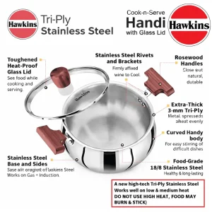 Hawkins Triply Stainless Steel Handi with Glass Lid – Cook & Serve Handi | Gas & Induction Compatible (2L, 3L, 4L, 5L) - Image 4