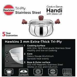 Hawkins Triply Stainless Steel Handi with Glass Lid – Cook & Serve Handi | Gas & Induction Compatible (2L, 3L, 4L, 5L) - Image 2