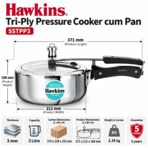 Hawkins Tri-Ply Stainless Steel Pressure Cooker Cum Pan 3L SSTPP3 | Gas & Induction Compatible - Image 7