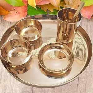 Kansa Thali Set of 6 Pcs for Home & Dining | Pure Bronze Dinner Set with Thali, Bowls, Glass, Spoon & Sweet Dish