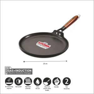 Kitchen Essential Cast Iron Dosa Tawa 28cm with Wooden Handle | Induction Bottom | Heavy Duty Tawa - Image 3