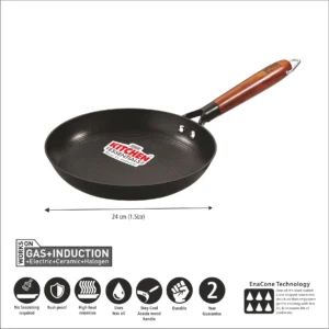 Kitchen Essential Cast Iron Fry Pan 24cm with Wooden Handle | Pre-Seasoned Induction Frypan - Image 3