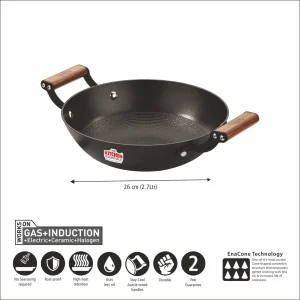 Kitchen Essential Cast Iron Kadai 26cm with Wooden Handles | Induction Bottom | Heavy Duty Kadhai - Image 3