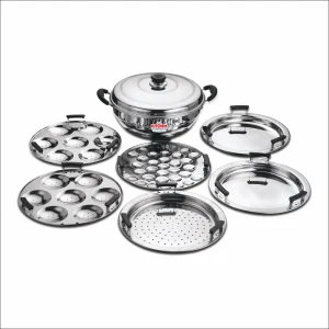 Kitchen Essential Stainless Steel ? 28cms Induction Bottom Multi Kadai with Lid -6 Plate(Idli Plate-2,Mini Idli Plate 1,Dhokla Plate 2,Patra/Momo/Modak plate-1)