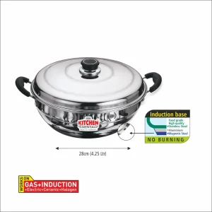 Kitchen Essential  Stainless Steel ? 28cms Induction Bottom Multi Kadai with Lid -6 Plate(Idli Plate-2,Mini Idli Plate 1,Dhokla Plate 2,Patra/Momo/Modak plate-1) - Image 3