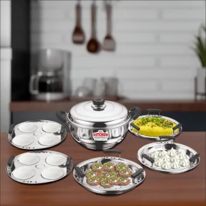 Kitchen Essential Stainless Steel ? Induction Bottom Mini Multi Kadai -5 Plate(Idli Plate -2, Dhokla plate 2, Patra/Momo/Modak plate-1) - Image 4