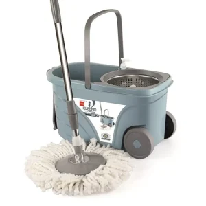 Kleeno by Cello Max Clean Deluxe Spin Mop with Steel Jali, Big Wheel & 1 Extra Microfiber Refill