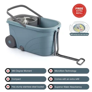 Kleeno by Cello Max Clean Deluxe Spin Mop with Steel Jali, Big Wheel & 1 Extra Microfiber Refill - Image 7