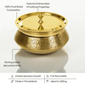 Lily Brass Handi with Lid & Etching Design | Pital Handi 600ml, 1000ml & 1500ml Kalai Coated Cook & Serve - Image 3
