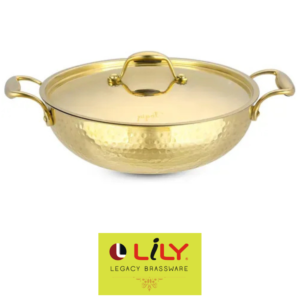 Lily Brass Kadai Hammered Round Bottom With Lid 4000ML With Inner Tin Coating ( kalai)