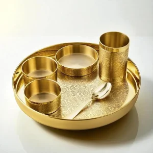 Lily Good Luck Pure Brass Thali Set of 6 Pcs with Etching | Brass Dinner Set with Thali, Bowls, Glass & Spoon
