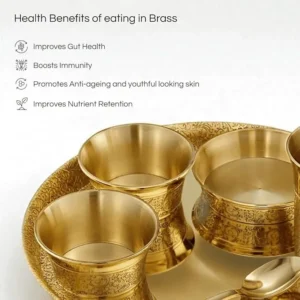 Lily Good Luck Pure Brass Thali Set of 6 Pcs with Etching | Brass Dinner Set with Thali, Bowls, Glass & Spoon - Image 3