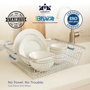 Lokseva Stainless Steel Deluxe Square Pipe Utensils Basket Small | Drainer & Dish Drying Rack For Kitchen | Rustproof | Stainless Steel Bartan Tokra - Image 5