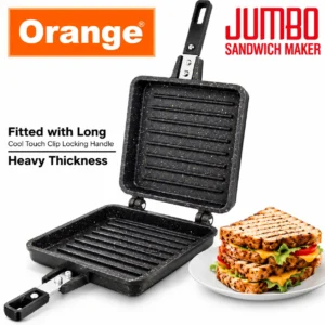 Orange Aluminium Die-Cast Non-Stick Jumbo Sandwich Toaster & Waffle Maker with Sturdy Handle - Image 3