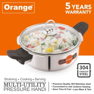 Orange Triply Stainless Steel Multi-Utility Pressure Handi 3.5L | Outer Lid Pressure Cooker with Strainer & Glass Lid | Gas & Induction Compatible - Image 3