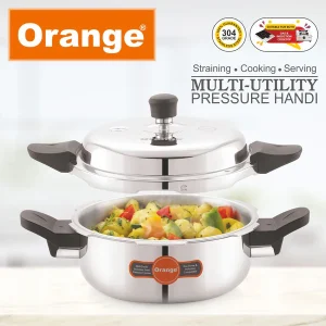 Orange Triply Stainless Steel Multi-Utility Pressure Handi 3.5L | Outer Lid Pressure Cooker with Strainer & Glass Lid | Gas & Induction Compatible