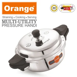 Orange Triply Stainless Steel Multi-Utility Pressure Handi 3.5L | Outer Lid Pressure Cooker with Strainer & Glass Lid | Gas & Induction Compatible - Image 4