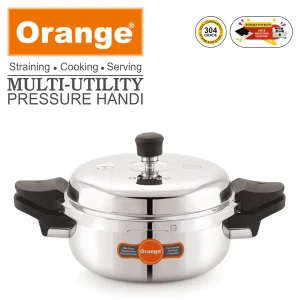 Orange Triply Stainless Steel Multi-Utility Pressure Handi 3.5L | Outer Lid Pressure Cooker with Strainer & Glass Lid | Gas & Induction Compatible - Image 6