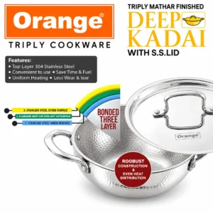 Orange Triply Stainless Steel Hammered Deep Kadai with SS Lid | 2.5mm | Gas & Induction Compatible - Image 4