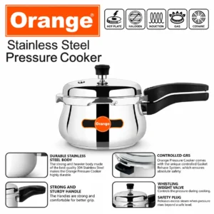 Orange Triply Stainless Steel Outer Lid Pressure Cooker Handi with Toughened Glass Lid | Gas & Induction - Image 3