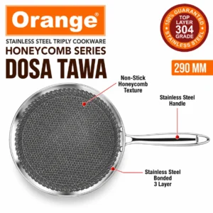 Orange Triply Stainless Steel Honeycomb Non-Stick Dosa Tawa 290mm | Gas & Induction Uttapam Tawa - Image 4