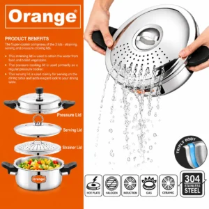 Orange Triply Stainless Steel Multi Utility Pressure Handi 3.5L with 3 Lids | Gas & Induction Compatible - Image 2