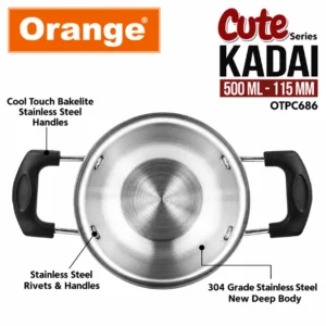 Orange Triply Stainless Steel Cute Series Mini Kadai 500ml Gas & Induction Compatible - Image 4
